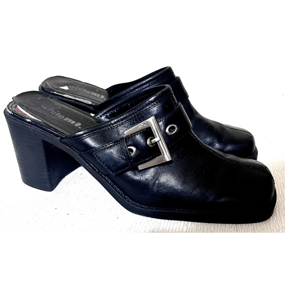 White Mountain Bretta Black Leather Mules Square Toe Buckle Chunky Heel Clogs 8M